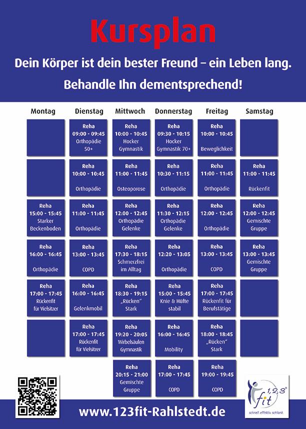 Aktueller Kursplan Rehasport in Hamburg Wandsbek mit Kurszeiten von Montag bis Samstag